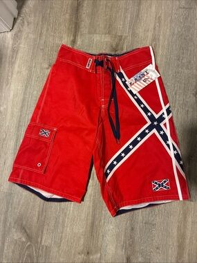 Exist Men's Red Board Shorts with Navy and White Confederate Flag Accent